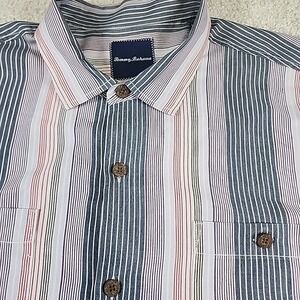 Tommy Bahama Shirt Mens Sz XL Purple Blue Red Stripe Silk‎ Polyester Blend